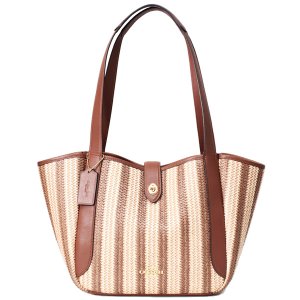 画像: 【COACH】コーチ かごバッグ ストロー レザー ターンロック ストライプ ハドリー ロゴ トートバッグ レッドウッドマルチ〔日本未発売〕