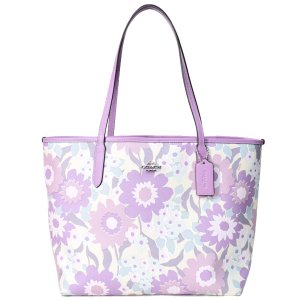 画像: 【COACH】コーチ バッグ 花柄 フラワー フローラル レザー ロゴ シティ トートバッグ アイボリー×パープルマルチ〔日本未発売〕