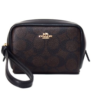 画像: 【COACH】コーチ ポーチ コーティングキャンバス レザー シグネチャー スクエア ポーチ ミニ ジップ リストレット 小物入れ ポーチ ウォルナット×ブラック〔日本未発売〕