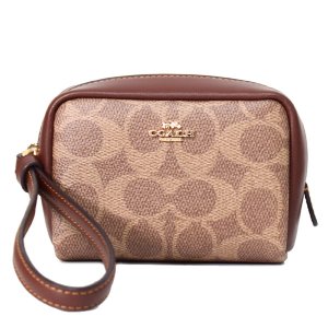 画像: 【COACH】コーチ ポーチ コーティングキャンバス レザー シグネチャー スクエア ポーチ ミニ ジップ リストレット 小物入れ ポーチ タン×ブラウン〔日本未発売〕