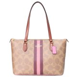 画像: 【COACH】コーチ バッグ コーティングキャンパス レザー シグネチャー ギャラリー ストライプ ジップトートバッグ タンマルチ〔日本未発売〕