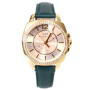 画像: 【COACH】コーチ 時計 ラインストーン レザー シグネチャー ボーイフレンド ステンレススチール レディース ウォッチ 腕時計 ゴールド×グリーン〔日本未発売〕