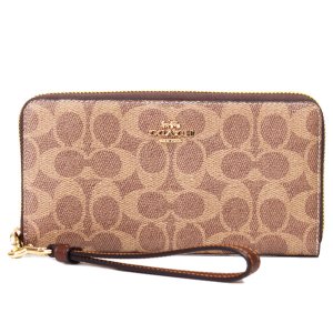 画像: 【COACH】コーチ 長財布 コーティングキャンバス レザー シグネチャー リストレット ロング ジップ アラウンド 長財布 タン×ブラウン（日本未発売）