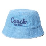 画像: 【COACH】コーチ バケハ 帽子 デニム コットン スクリプト エンブロイダード ロゴ バケットハット バケハ サファリハット インディゴ M/L〔日本未発売〕