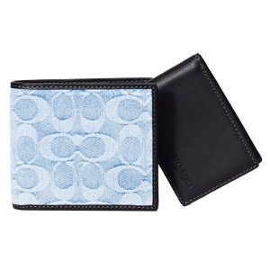 画像: 【COACH】コーチ 財布 メンズ デニム レザー シグネチャー コンパクト ID カードケース付き 2点セット 二つ折り財布 ライトインディゴ（日本未発売）