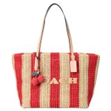 画像: 【COACH】コーチ バッグ かごバッグ ストロー レザー ストライプ シティ トート さくらんぼ チャーム付き ロゴ トートバッグ レッド×タン〔日本未発売〕
