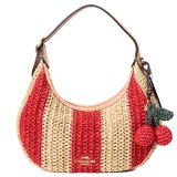 画像: 【COACH】コーチ バッグ かごバッグ 三日月型 ストロー レザー エミリー ストライプ チャーム付き ロゴ 2way クロスボディ 斜め掛け ショルダーバッグ ハンドバッグ レッド×タン（日本未発売）