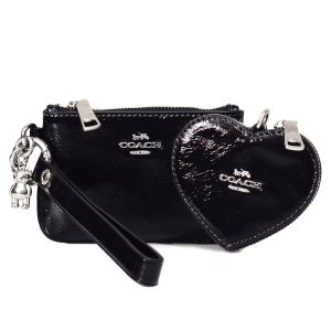 画像: 【COACH】コーチ ポーチ シャイニー クリンクル レザー リストレット ハート型 テディベア くま チャーム ポーチ 2点セット マルチポーチ ブラック〔日本未発売〕