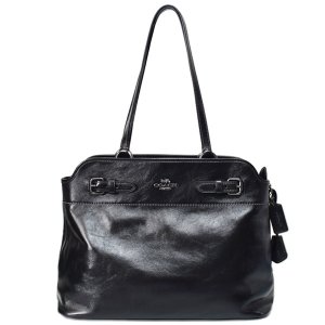 画像: 【COACH】コーチ バッグ シャイニー スムースレザー クリンクル イーストン ロゴ キーリング チャーム付き ジップ トート バッグ ブラック（日本未発売）