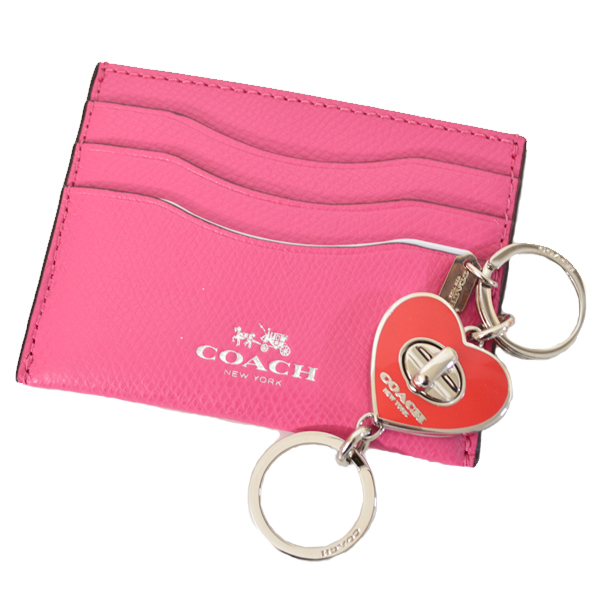 画像: 【COACH】コーチ クロスグレーン レザー カードケース アンド ハート ターンロック バレット キーリング セット ダリア×カーマイン（日本未発売）