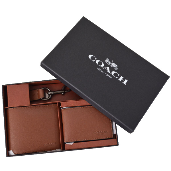 画像: 【COACH】コーチ メンズ レザー 二つ折り財布+カードケース（定期入れ）+キーホルダー 豪華3点セット ダークサドル（日本未発売）