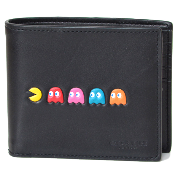 画像1: 【COACH】コーチ メンズ レザー パックマン カードケース付き 二つ折り財布 ブラック（日本未発売） (1)