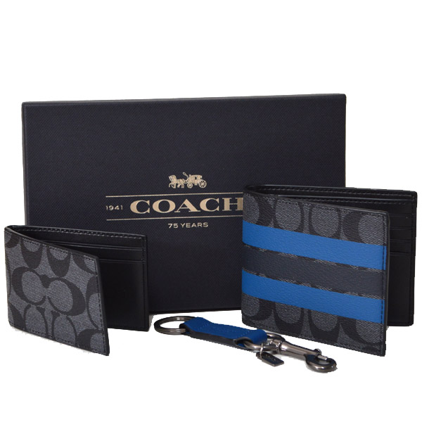 画像1: 【COACH】コーチ メンズ IDケース+二つ折り財布+キーホルダー 3点 セット チャコール×ミッドナイトネイビー（日本未発売） (1)