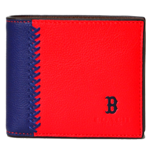画像1: 【COACH】コーチ メンズ ボストンレッドソックス コラボ レザー ID カードケース 付き 二つ折り財布 レッドマルチ（日本未発売） (1)