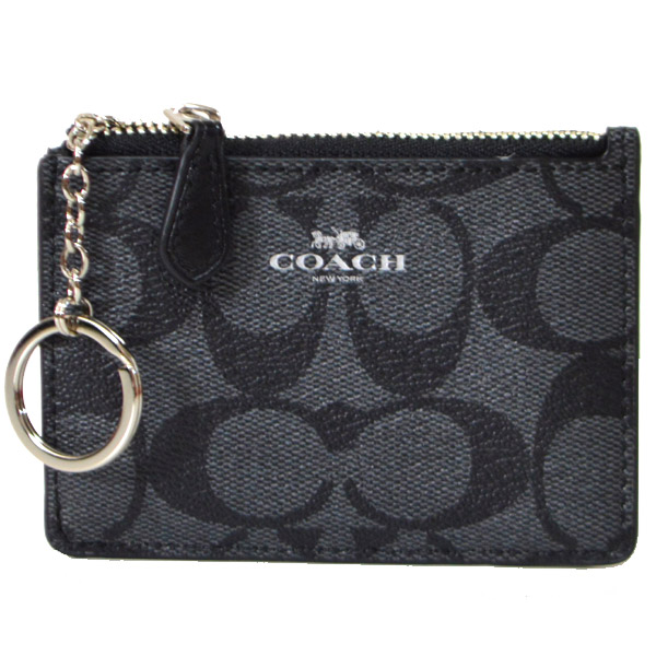 画像1: 【COACH】コーチ コーティングキャンパス  シグネチャー キーリング付 スキニー コインケース ブラックスモーク×ブラック(日本未発売） (1)