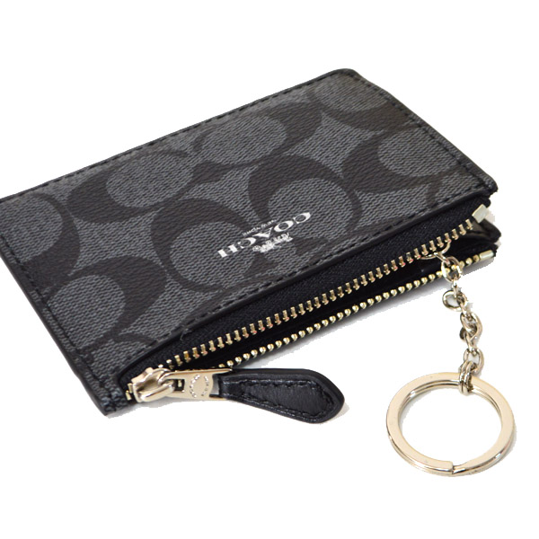 画像: 【COACH】コーチ コーティングキャンパス  シグネチャー キーリング付 スキニー コインケース ブラックスモーク×ブラック(日本未発売）