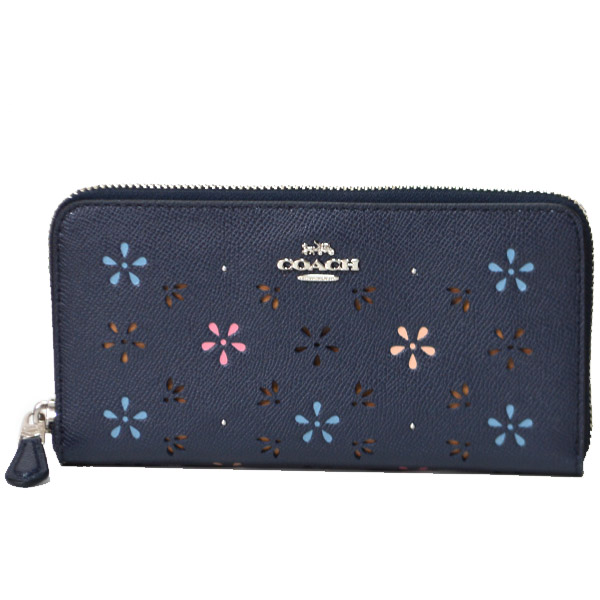 Coach コーチ コーティング レザー カッティング フローラル アコーディオン ジップ 長財布 ミッドナイトネイビーマルチ 日本未発売 コーチ専門店 コチガル