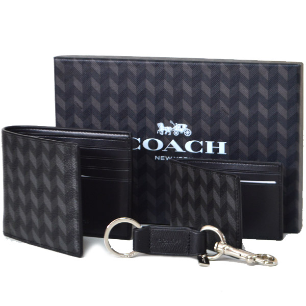 画像1: 【COACH】コーチ メンズ コーティング キャンパス レザー ヘリングボーン コンパクト財布+定期入れ+キーホルダー 3点セット ブラックマルチ（日本未発売） (1)