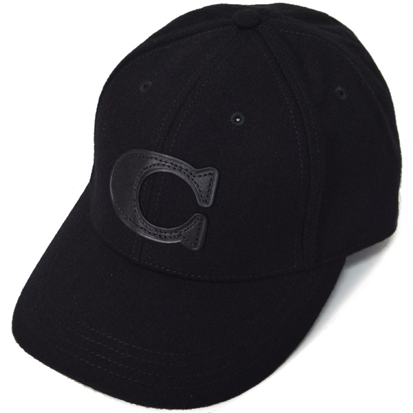 画像1: 【COACH】コーチ ウール レザー ワンポイント ロゴ キャップ 帽子 ブラック〔日本未発売〕 (1)