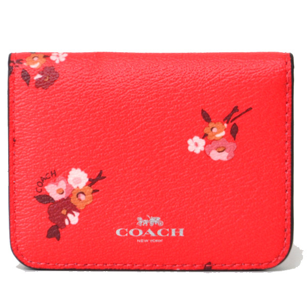 画像1: 【COACH】コーチ コーティングキャンバス レザー 花柄 フラワー フローラル プリント キーリング付き 二つ折り カードケース 定期入れ 名刺入れ ブライトレッドマルチ（日本未発売） (1)