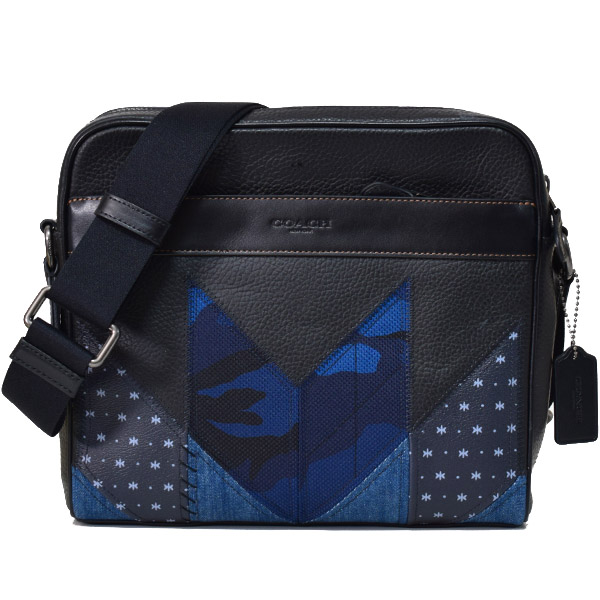 画像1: 【COACH】コーチ メンズ ペブルレザー カーフレザー コーティングキャンバス デニム チャールズ カメラバッグ パッチワーク クロスボディ 斜め掛け ショルダーバッグ ブラックマルチ〔日本未発売〕 (1)