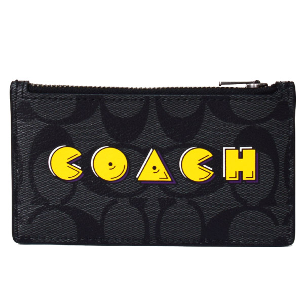 画像1: 【COACH】コーチ メンズ コーティングキャンバス カーフレザー シグネチャー パックマン スクリプト ジップ コインケース 小銭入れ カードケース チャコール×ブラック〔日本未発売〕 (1)