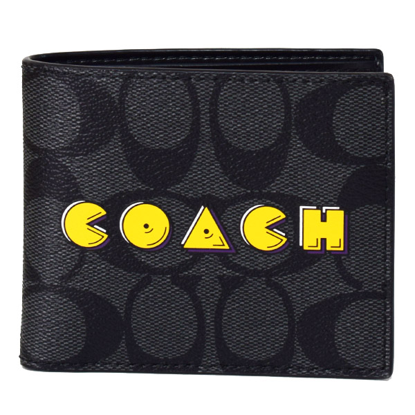 画像1: 【COACH】コーチ メンズ コーティングキャンバス シグネチャー ビルフォード パックマン スクリプト 二つ折り財布 チャコール×ブラック（日本未発売） (1)