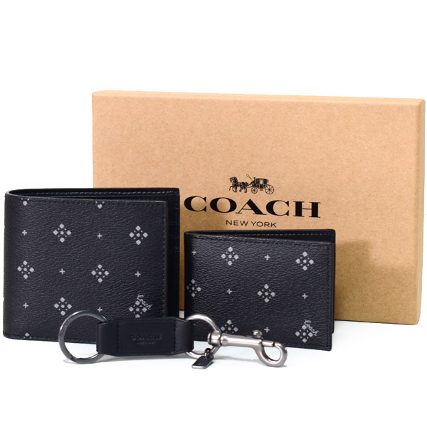 画像1: 【COACH】コーチ メンズ コーティングキャンパス ダイヤモンド フーラード ギフト ボックス コンパクト財布+定期入れ+キーホルダー 3点セット ブラックマルチ（日本未発売） (1)