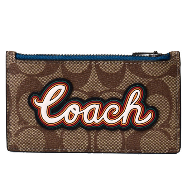 画像1: 【COACH】コーチ コーティングキャンバス カーフレザー シグネチャー ロゴ スクリプト ジップ コインケース 小銭入れ カードケース タン〔日本未発売〕 (1)