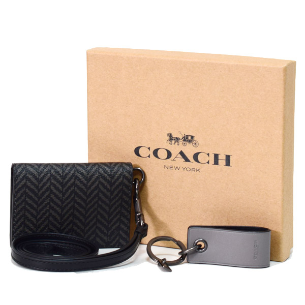 画像1: 【COACH】コーチ メンズ コーティングキャンバス カーフレザー ヘリングボーン  ギフト ボックス IDランヤード カードケース+8GB USB キーホルダー 専用BOX付 2点セット ブラックマルチ（日本未発売） (1)