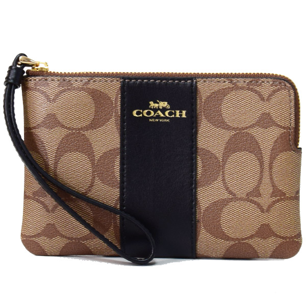 画像1: 【COACH】コーチ コーティングキャンパス レザー  シグネチャー ストライプ コーナー ジップ リストレットポーチ カーキ×ブラック〔日本未発売〕 (1)