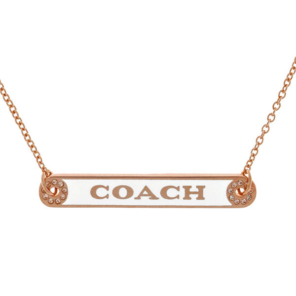 画像: 【COACH】コーチ ゴールドプレーテッドブラス エナメル プレート ロゴ チャーム ペンダント ネックレス 専用BOX付 チャーク×ローズゴールド〔日本未発売〕