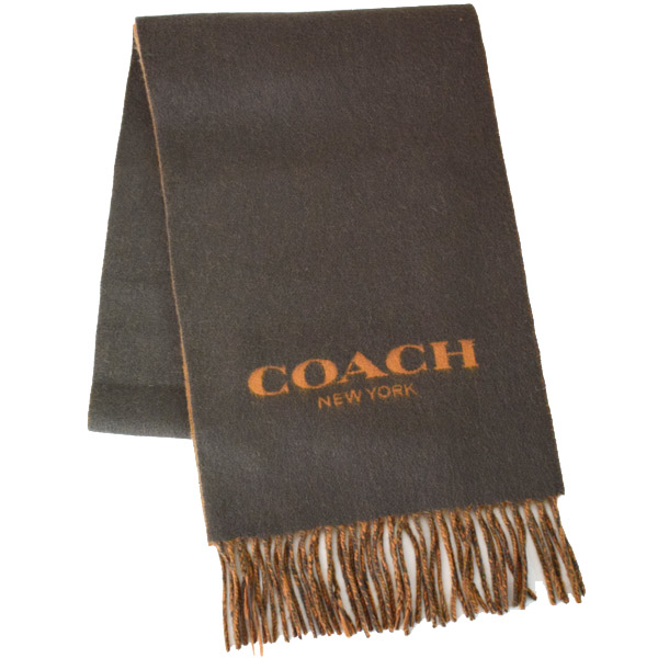 画像1: 【COACH】コーチ ウール カシミア バイカラー ロゴ スカーフ マフラー オリーブ×アンバー（日本未発売） (1)