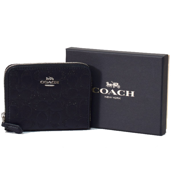 画像1: 【COACH】コーチ スムースレザー シグネチャー グリッター ラメ スモール ジップ アラウンド 二つ折り 財布 専用BOX付 ブラック（日本未発売） (1)