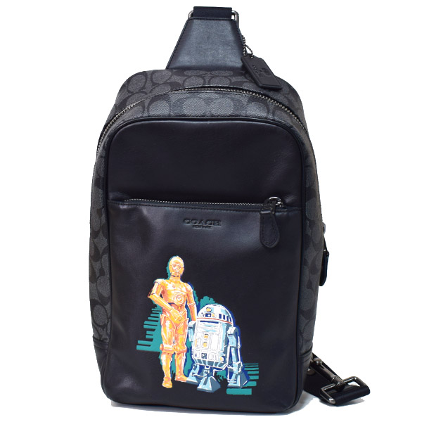 画像1: 【COACH】コーチ メンズ スムースカーフレザー コーティングキャンバス スターウォーズ コラボ シグネチャー C-3PO アンド R2-D2 ウェストウェイ パック ワンショルダー バックパック ブラックマルチ〔日本未発売〕 (1)