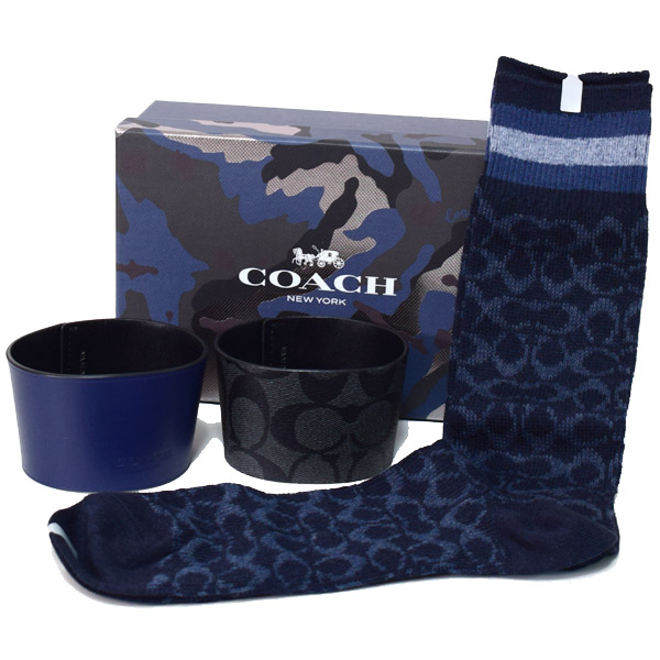 画像1: 【COACH】コーチ コーティングキャンバス カーフレザー シグネチャー カップスリーブ+ソックス 靴下 専用BOX付 3点セット ブルーマルチ（日本未発売） (1)