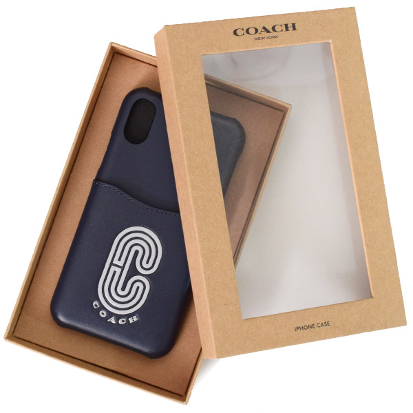 画像1: 【COACH】コーチ カーフレザー リフレクティブ ロゴ パッチ ポケット付き iPhoneX/Xs（iPhone10/10s）専用 ケース ミッドナイトネイビーマルチ〔日本未発売〕 (1)