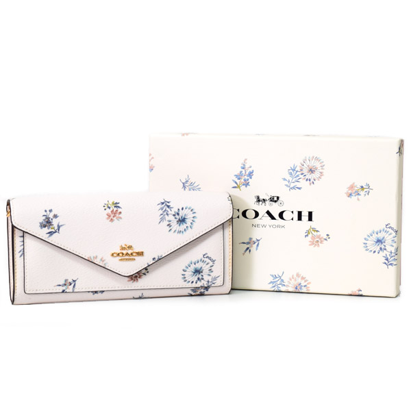 画像1: 【COACH】コーチ コーティングキャンバス スムースレザー ダンデライオン タンポポ フローラル 花柄 フラワー プリント チェーン付き スリム エンベロープ 二つ折り 長財布 専用BOX付き チャーク×ブルーマルチ（日本未発売） (1)