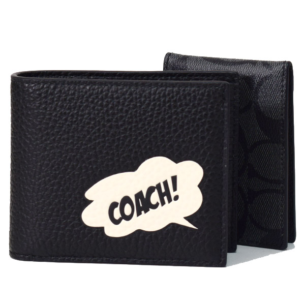 画像1: 【COACH】コーチ メンズ ペブルレザー コーティングキャンバス シグネチャー マーベル コラボ コーチ バブル カードケース付き ウォレット 二つ折り財布 チャコール×ブラック（日本未発売） (1)