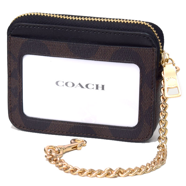 画像: 【COACH】コーチ コーティングキャンバス スムースレザー シグネチャー チェーン ロゴ ジップ カードケース カードポーチ 定期入れ 名刺入れ コインケース ブラウン×ブラック（日本未発売）