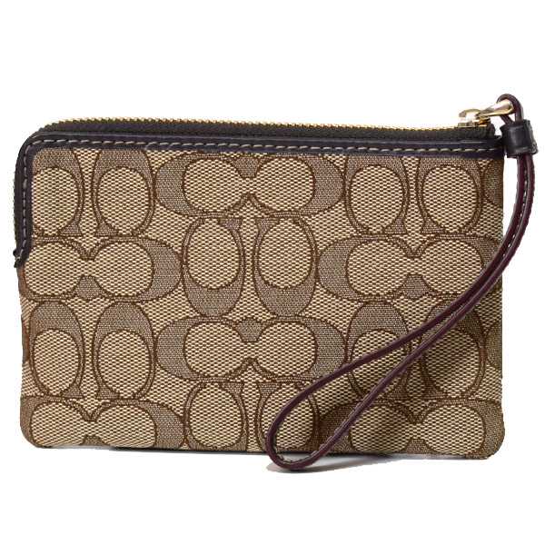 画像: 【COACH】コーチ キャンバス レザー シグネチャー コーナー ジップ リストレットポーチ カーキ×ブラウン〔日本未発売〕