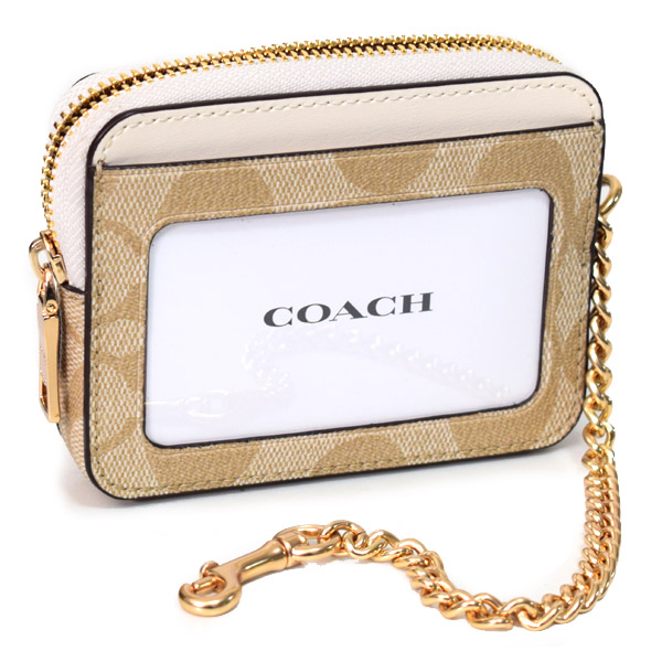 画像: 【COACH】コーチ コーティングキャンバス スムースレザー シグネチャー チェーン ロゴ ジップ カードケース カードポーチ 定期入れ 名刺入れ コインケース ライトカーキ×チャーク（日本未発売）