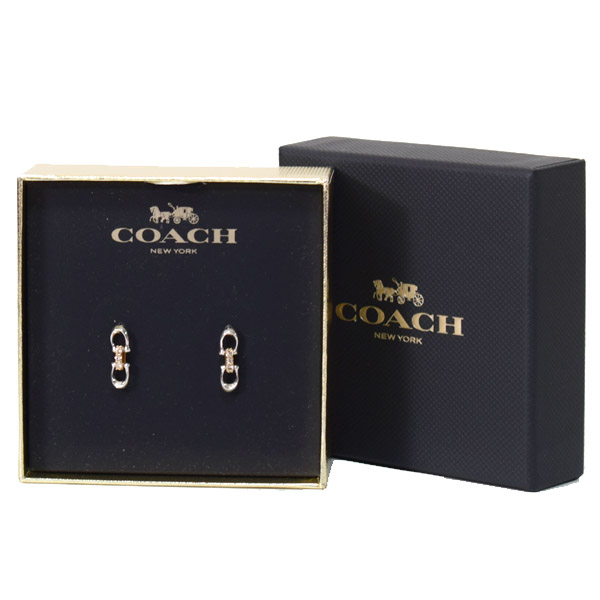 画像1: 【COACH】コーチ プレーテッドブラス リンクド シグネチャー ラインストーン スタッド ピアス イアリング 専用BOX付 シルバー×ゴールド〔日本未発売〕 (1)