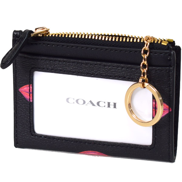 画像: 【COACH】コーチ コーティングキャンバス スムースレザー リップ キスマーク プリント キーリング付き ミニ スキニー IDケース コインケース ブラックマルチ（日本未発売）