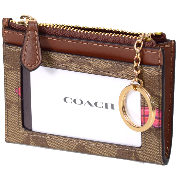 画像: 【COACH】コーチ コーティングキャンバス スムースレザー シグネチャー リップ キスマーク プリント キーリング付き ミニ スキニー IDケース コインケース カーキ×レッドウッド（日本未発売）