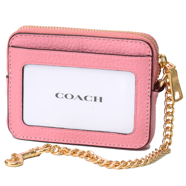 画像: 【COACH】コーチ ぺブルレザー チェーン ロゴ ジップ カードケース カードポーチ 定期入れ 名刺入れ コインケース バブルガム（日本未発売）