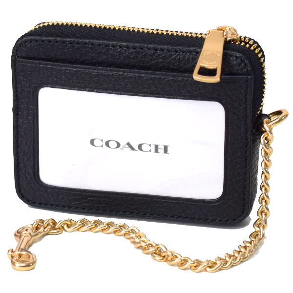 画像: 【COACH】コーチ ぺブルレザー チェーン ロゴ ジップ カードケース カードポーチ 定期入れ 名刺入れ コインケース ブラック（日本未発売）