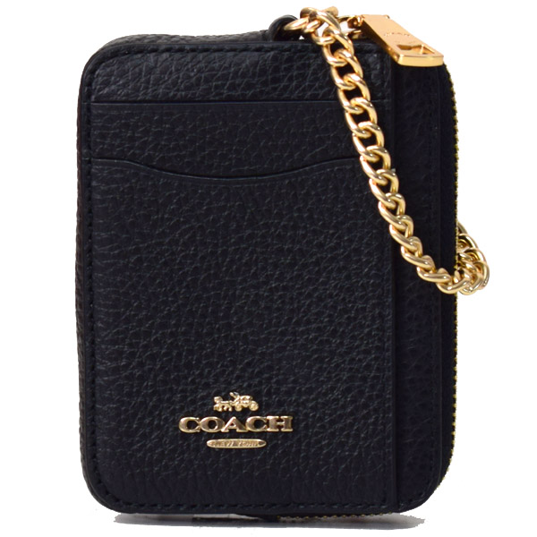 画像1: 【COACH】コーチ ぺブルレザー チェーン ロゴ ジップ カードケース カードポーチ 定期入れ 名刺入れ コインケース ブラック（日本未発売） (1)