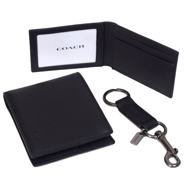 画像: 【COACH】コーチ メンズ レザー 二つ折り財布+カードケース（定期入れ）+キーホルダー 豪華3点セット ブラック（日本未発売）