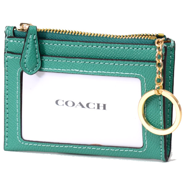 画像: 【COACH】コーチ クロスグレインレザー ロゴ キーリング付き ミニ スキニー IDケース コインケース グリーン（日本未発売）